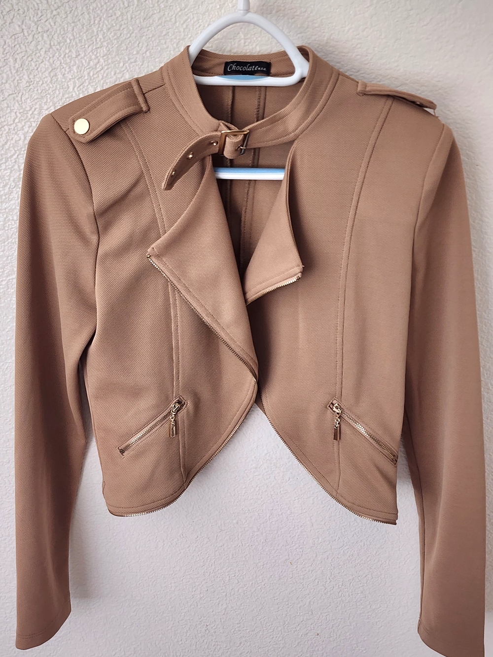 Chocolate U.S.A. Camel Moto Jacket Women's Small Cropped Buckle Zip Gold